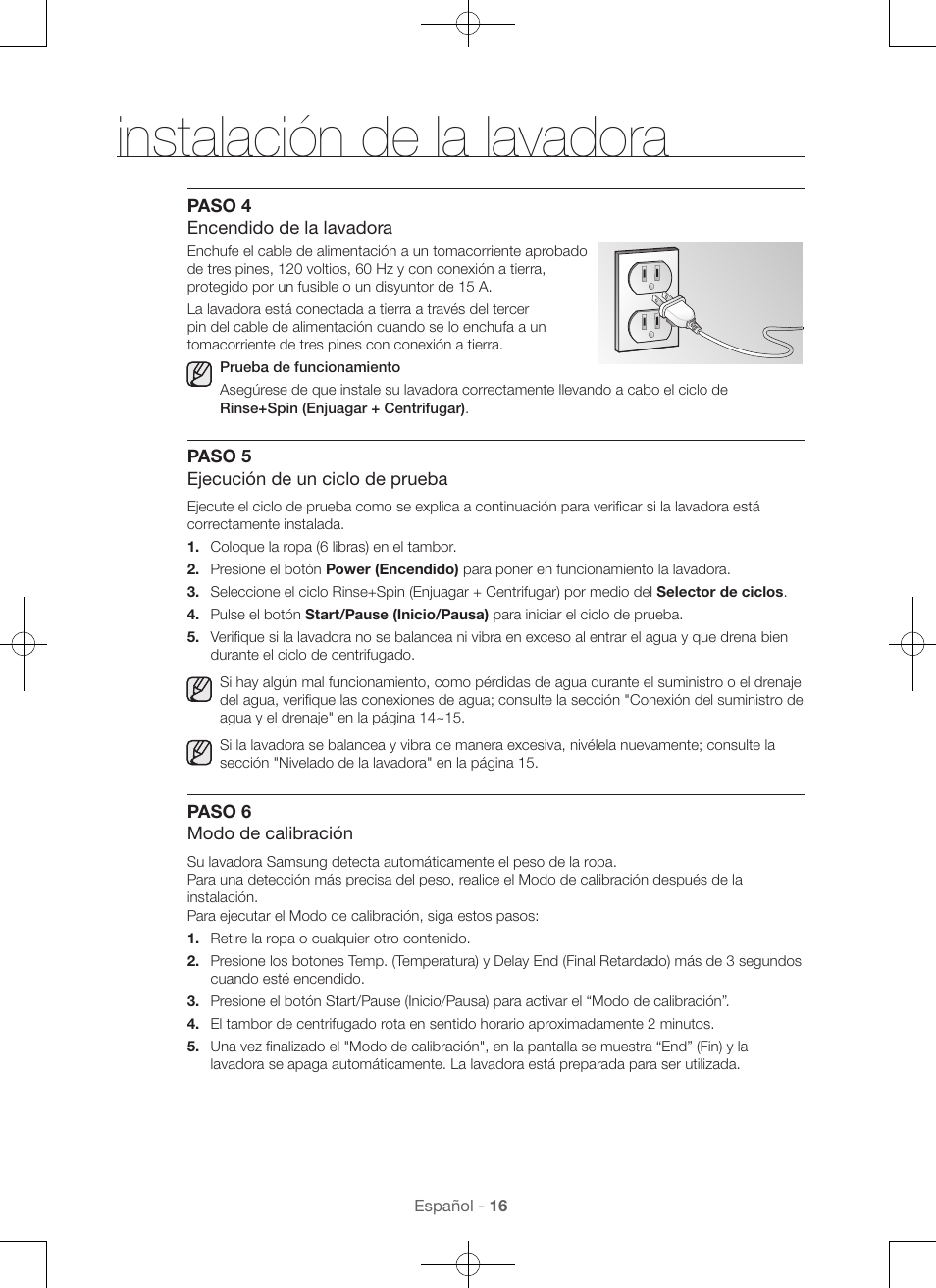 Instalación de la lavadora | Samsung WA56H9000AP-A2 User Manual | Page 104 / 132