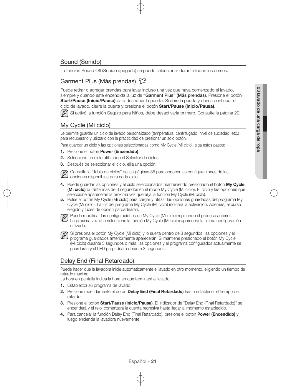 Sound (sonido), Garment plus (más prendas), My cycle (mi ciclo) | Delay end (final retardado) | Samsung WA56H9000AP-A2 User Manual | Page 109 / 132