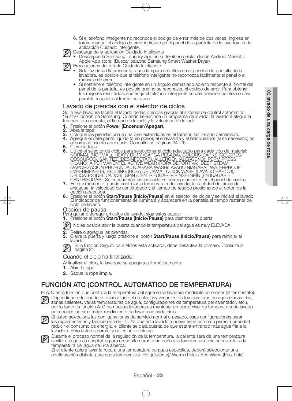 Función atc (control automático de temperatura), Lavado de prendas con el selector de ciclos | Samsung WA56H9000AP-A2 User Manual | Page 111 / 132