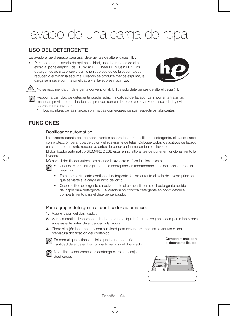 Lavado de una carga de ropa, Uso del detergente, Funciones | Samsung WA56H9000AP-A2 User Manual | Page 112 / 132