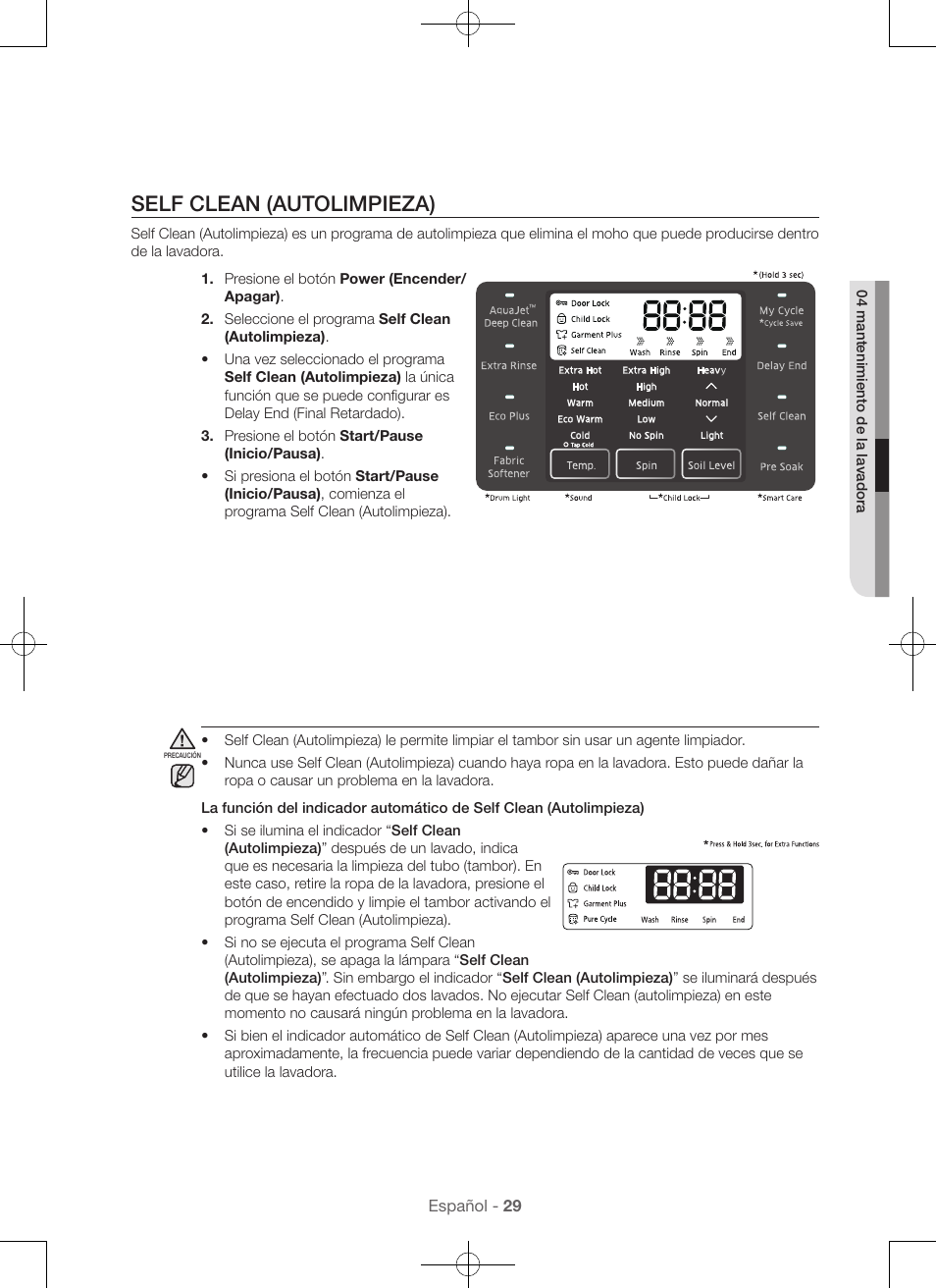 Self clean (autolimpieza) | Samsung WA56H9000AP-A2 User Manual | Page 117 / 132