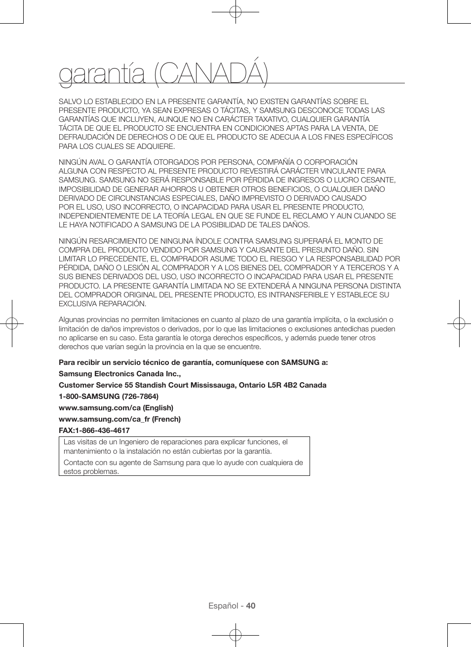 Garantía (canadá) | Samsung WA56H9000AP-A2 User Manual | Page 128 / 132