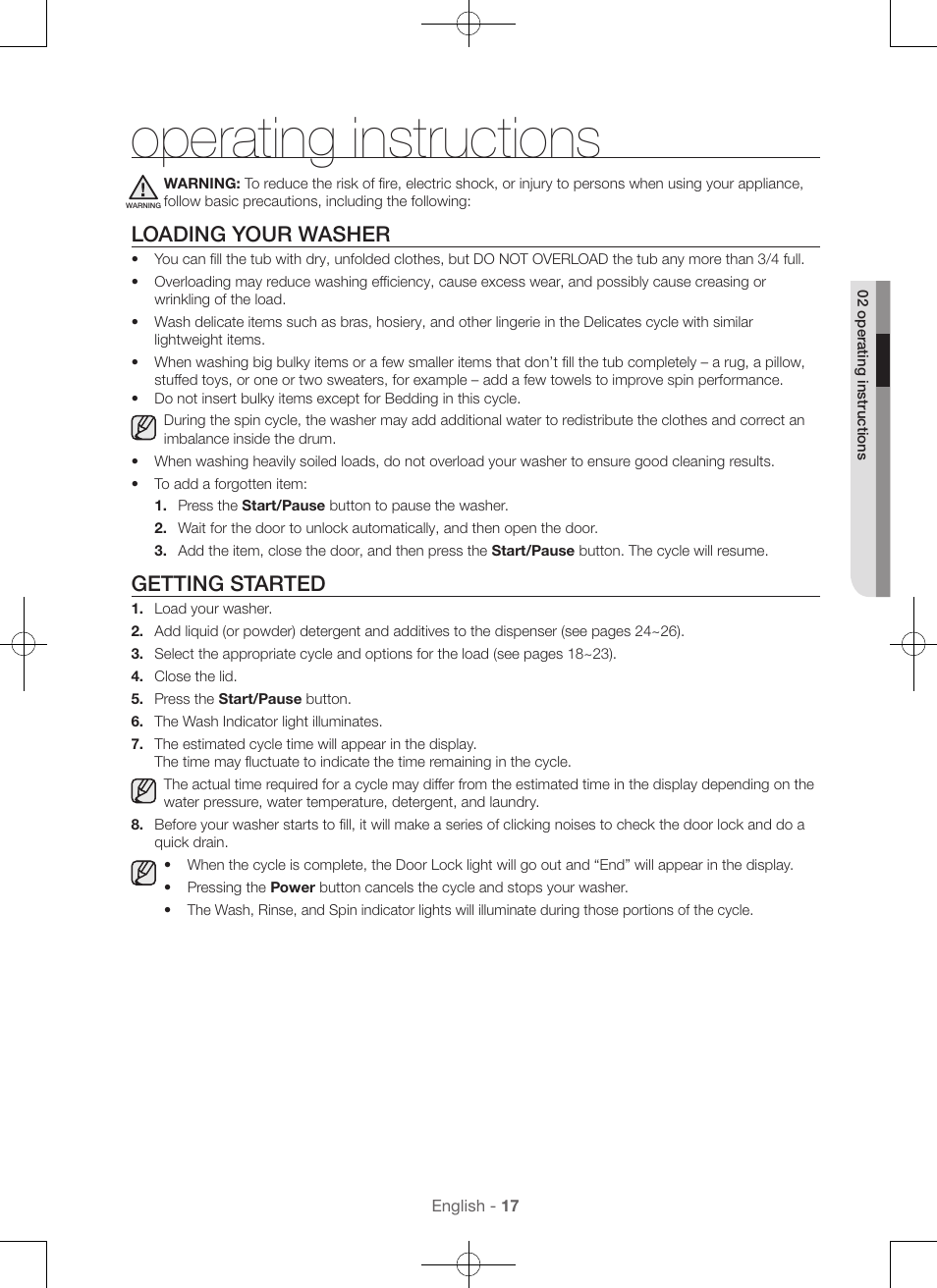 Operating instructions, Loading your washer, Getting started | Samsung WA56H9000AP-A2 User Manual | Page 17 / 132