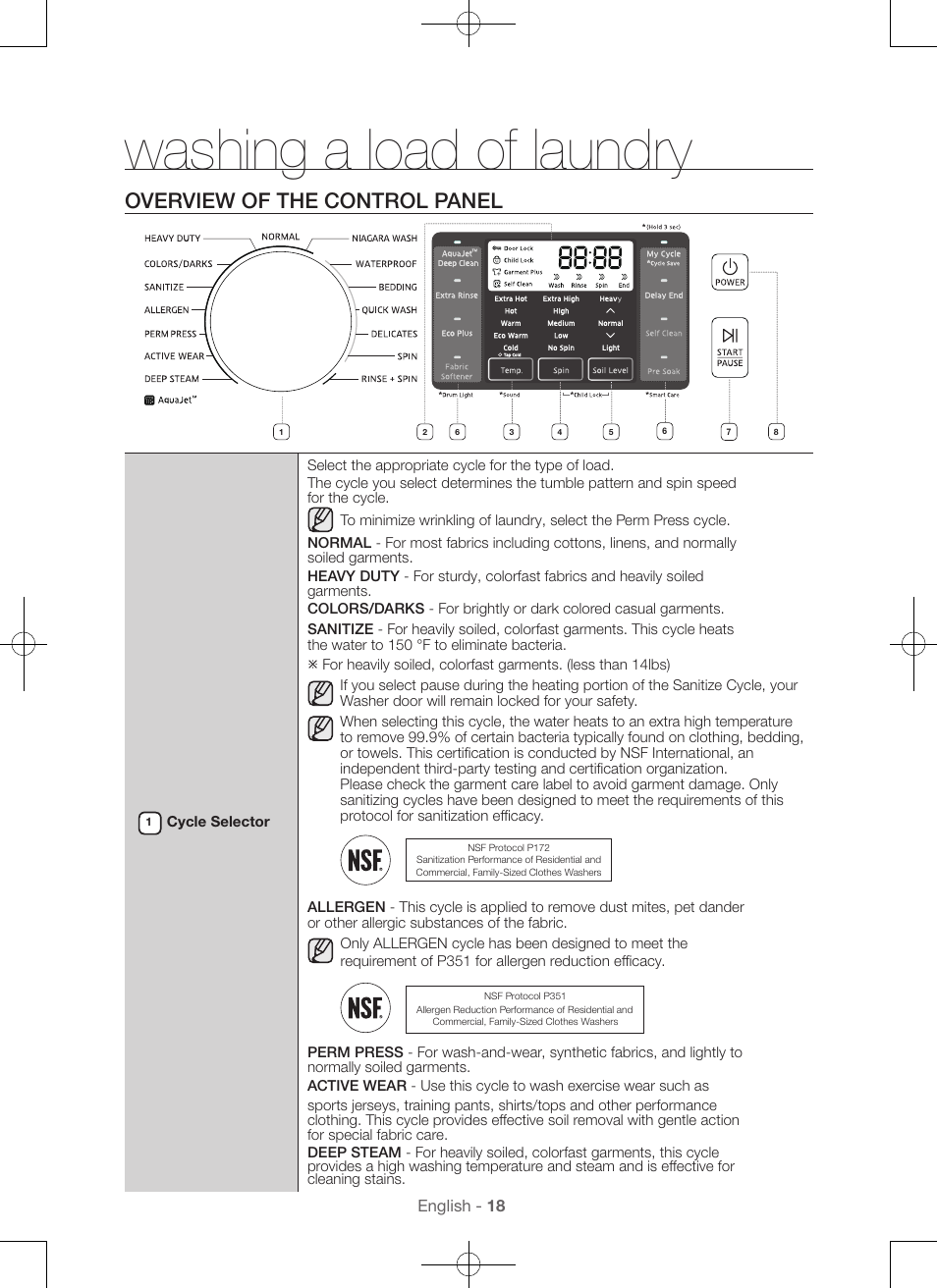 Washing a load of laundry, Overview of the control panel | Samsung WA56H9000AP-A2 User Manual | Page 18 / 132