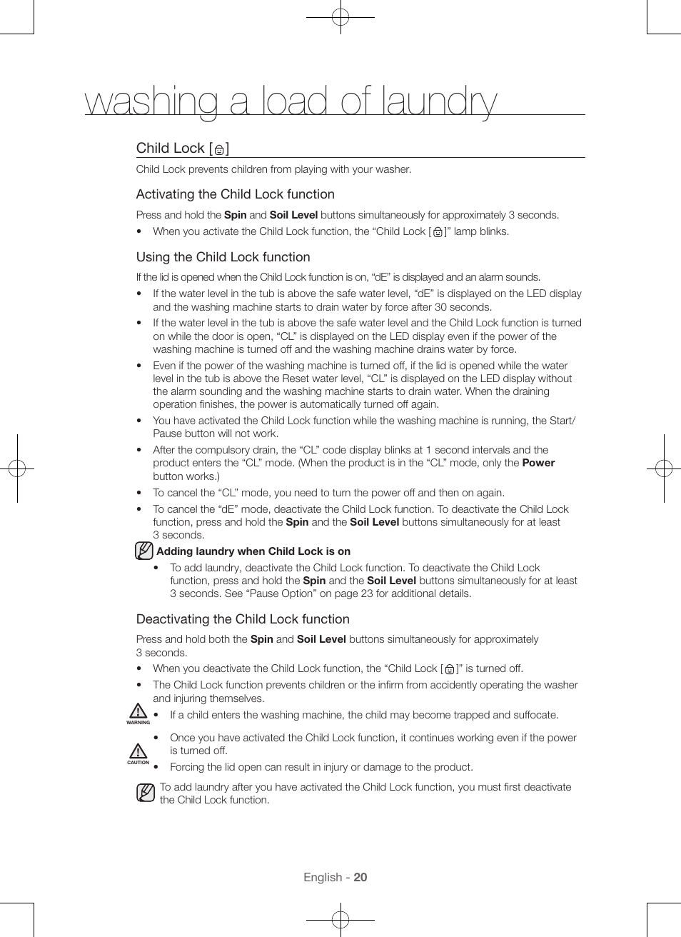 Washing a load of laundry, Child lock | Samsung WA56H9000AP-A2 User Manual | Page 20 / 132