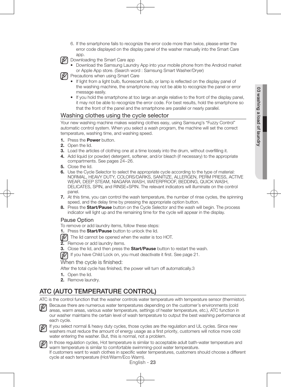 Atc (auto temperature control), Washing clothes using the cycle selector | Samsung WA56H9000AP-A2 User Manual | Page 23 / 132