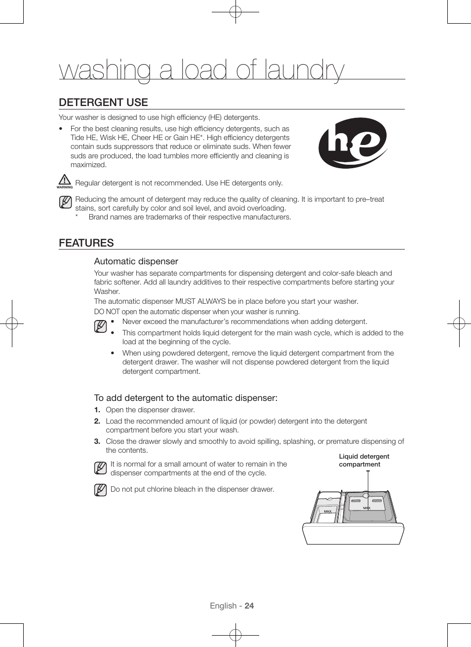 Washing a load of laundry, Detergent use, Features | Samsung WA56H9000AP-A2 User Manual | Page 24 / 132