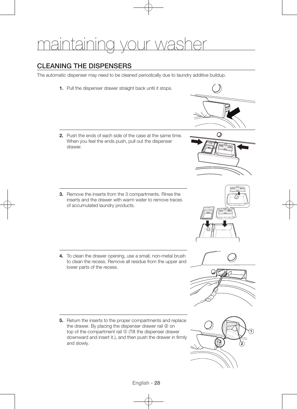 Maintaining your washer, Cleaning the dispensers | Samsung WA56H9000AP-A2 User Manual | Page 28 / 132