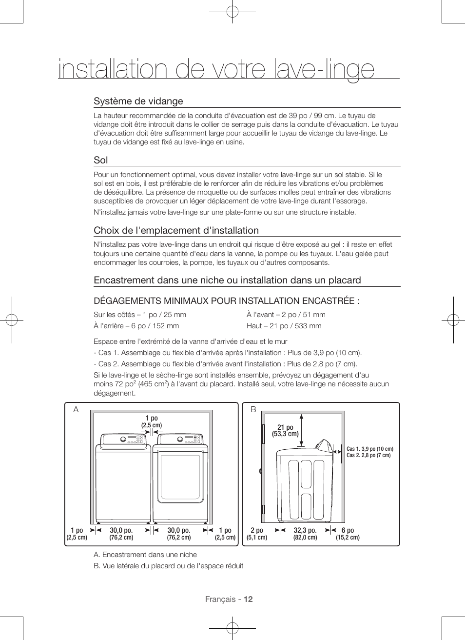 Installation de votre lave-linge, Système de vidange, Choix de l'emplacement d'installation | Samsung WA56H9000AP-A2 User Manual | Page 56 / 132