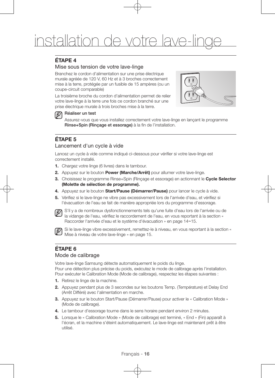 Installation de votre lave-linge | Samsung WA56H9000AP-A2 User Manual | Page 60 / 132