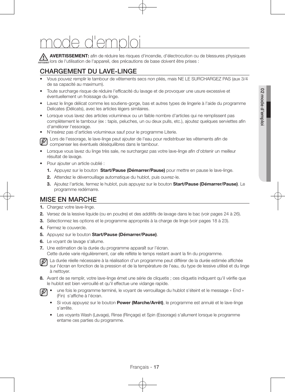 Mode d'emploi, Chargement du lave-linge, Mise en marche | Samsung WA56H9000AP-A2 User Manual | Page 61 / 132