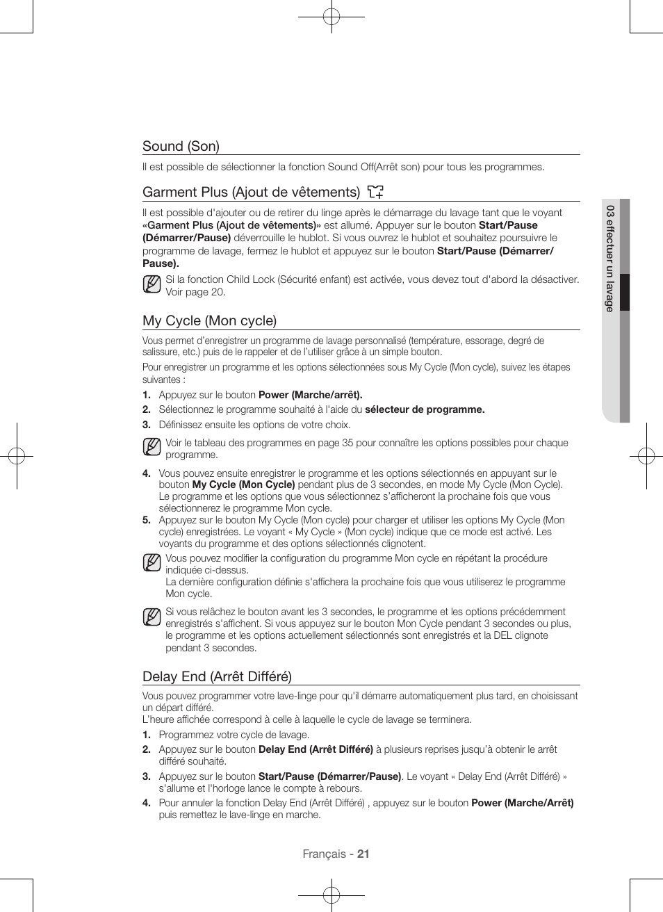 Sound (son), Garment plus (ajout de vêtements), My cycle (mon cycle) | Delay end (arrêt différé) | Samsung WA56H9000AP-A2 User Manual | Page 65 / 132