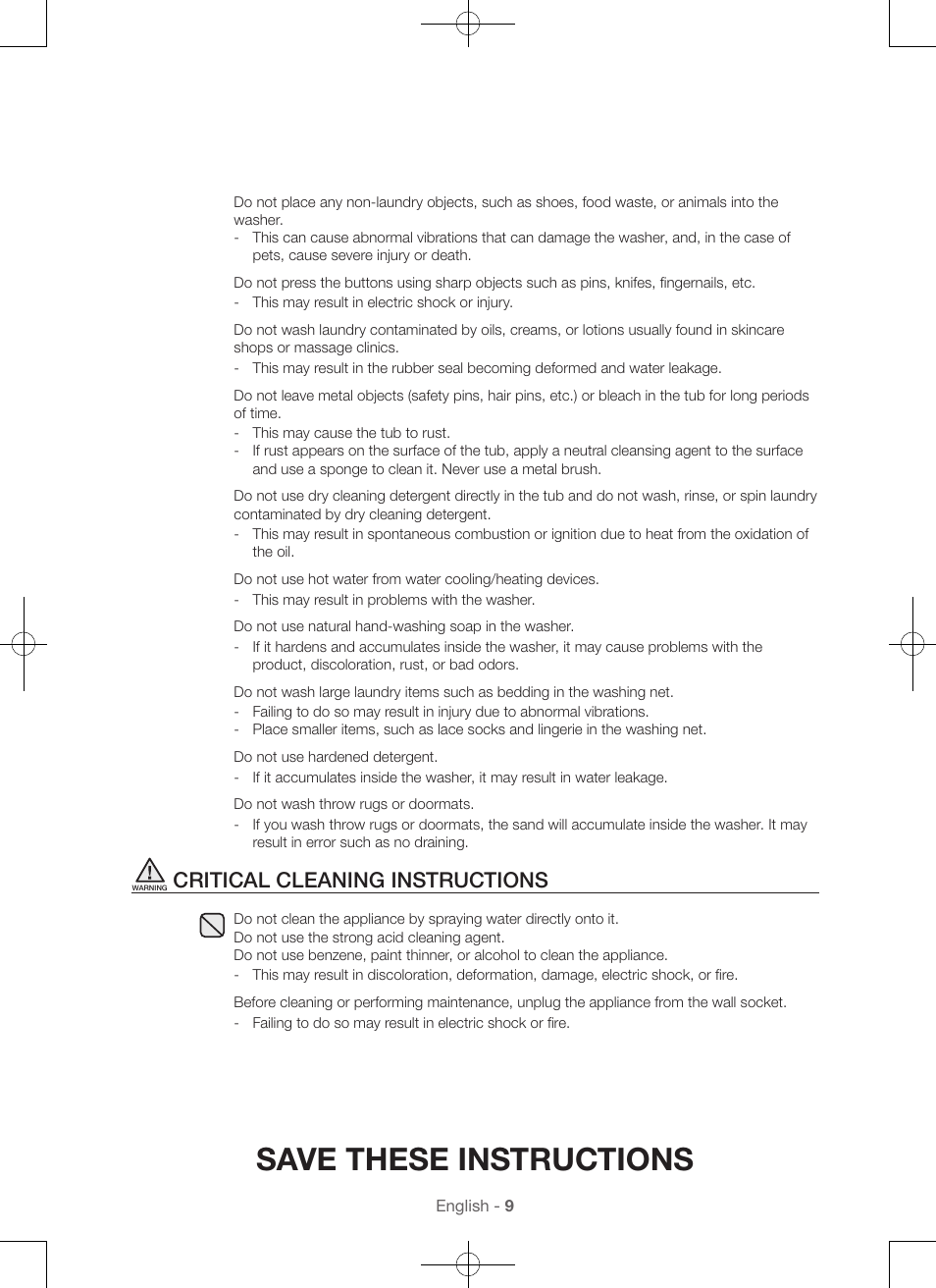 Save these instructions, Critical cleaning instructions | Samsung WA56H9000AP-A2 User Manual | Page 9 / 132