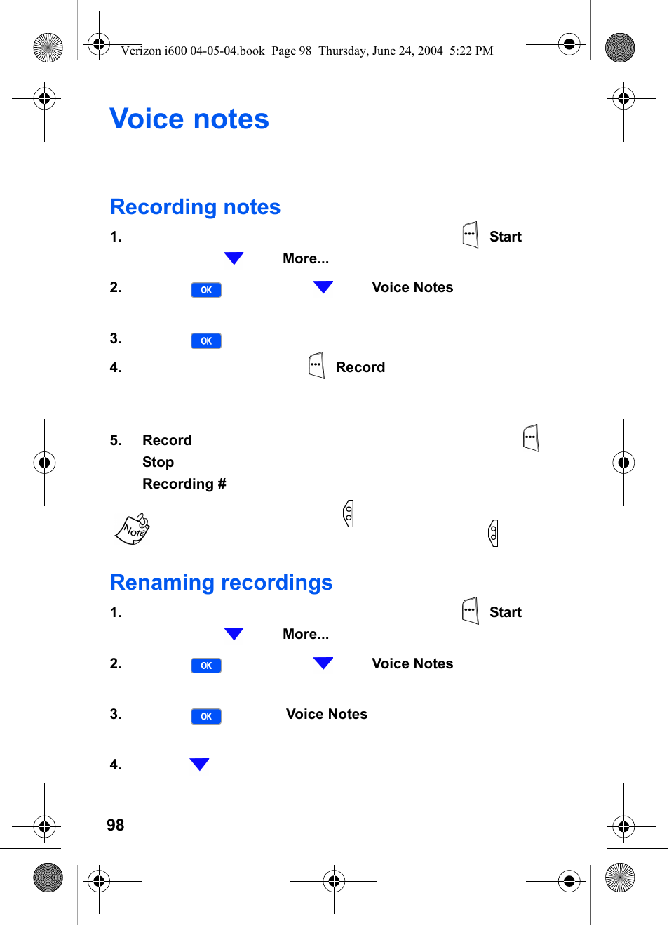 Voice notes, Recording notes, Renaming recordings | Recording notes renaming recordings | Samsung SCH-I600MSAXAR User Manual | Page 106 / 136