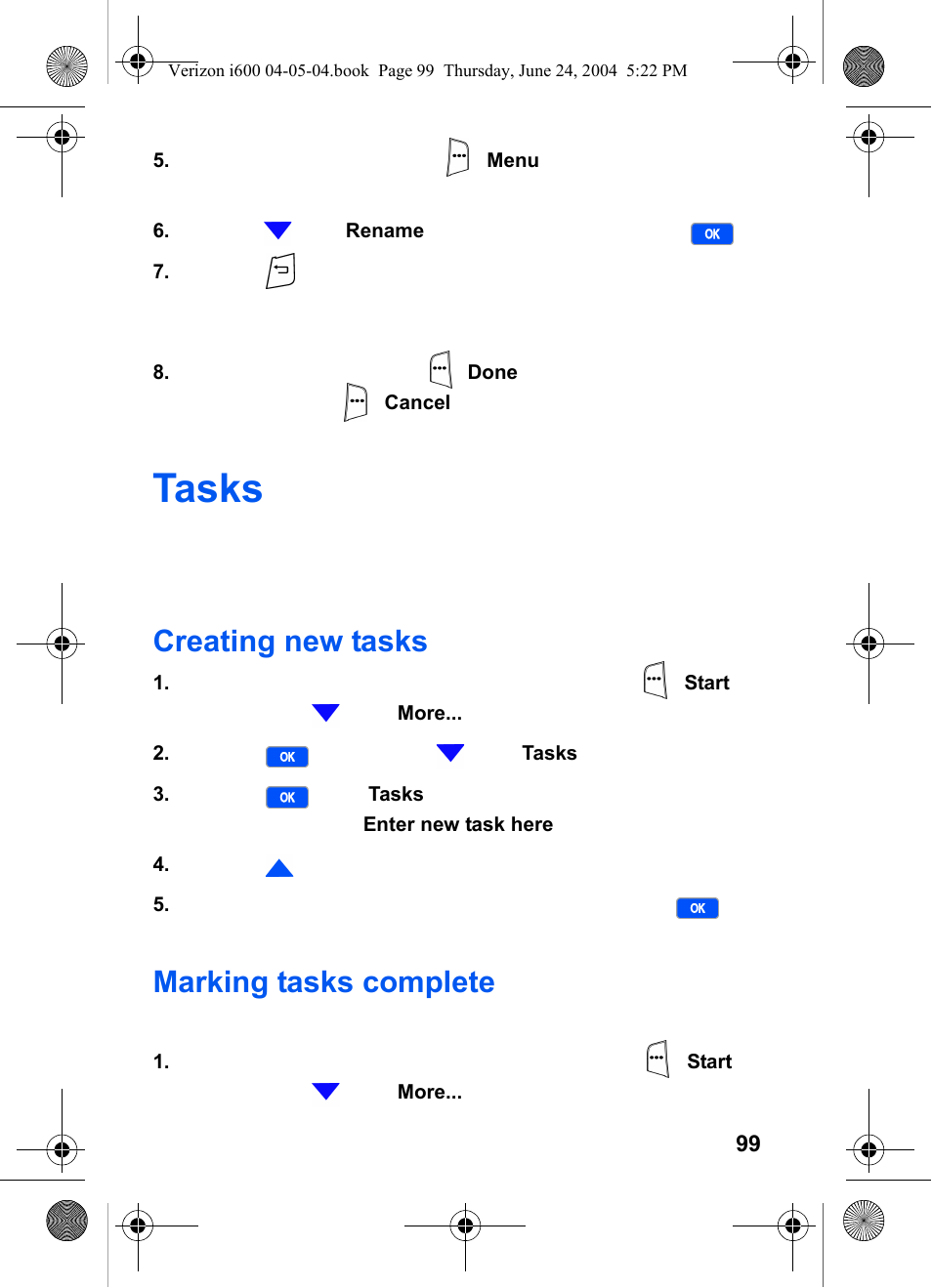 Tasks, Creating new tasks, Marking tasks complete | Creating new tasks marking tasks complete | Samsung SCH-I600MSAXAR User Manual | Page 107 / 136