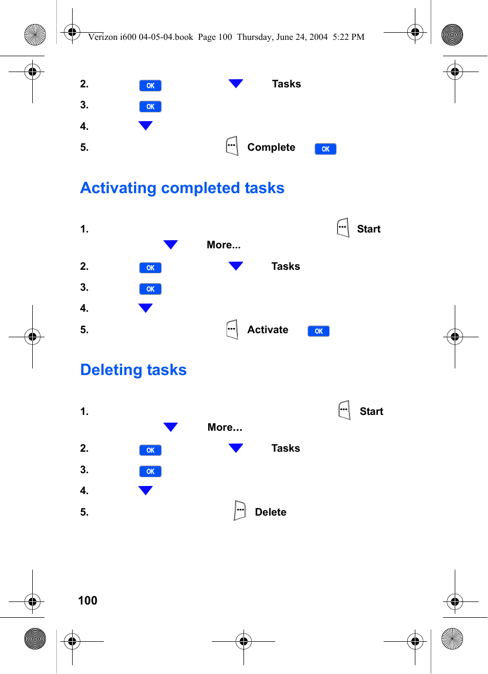 Activating completed tasks, Deleting tasks, Activating completed tasks deleting tasks | Samsung SCH-I600MSAXAR User Manual | Page 108 / 136
