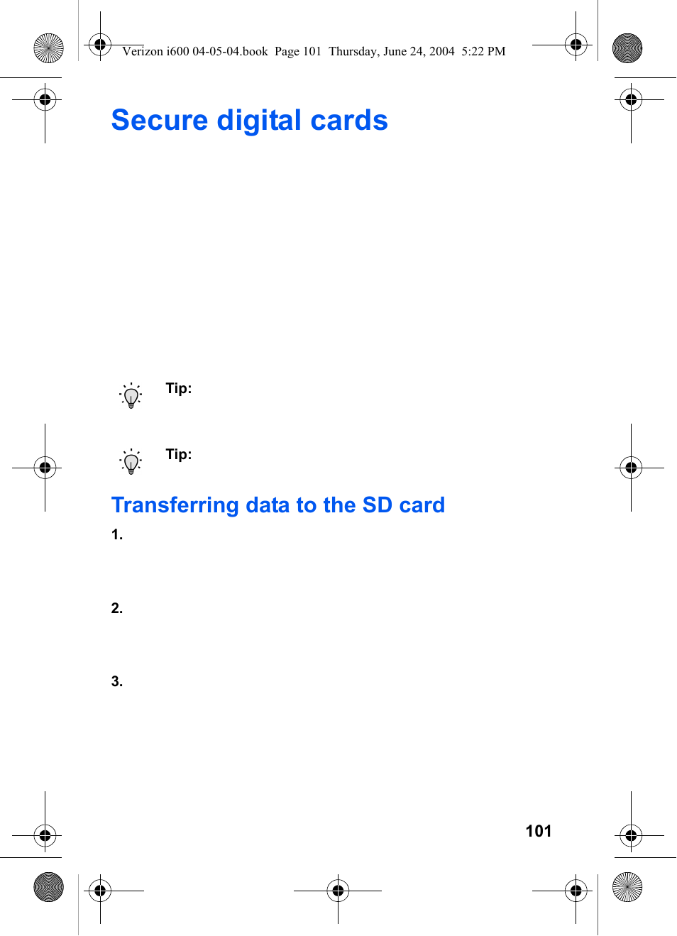 Secure digital cards, Transferring data to the sd card | Samsung SCH-I600MSAXAR User Manual | Page 109 / 136