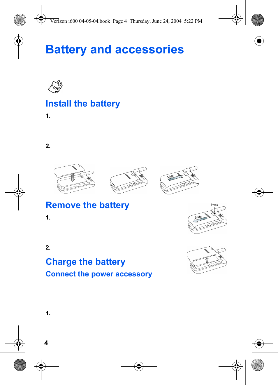 Battery and accessories, Install the battery, Remove the battery | Charge the battery | Samsung SCH-I600MSAXAR User Manual | Page 12 / 136