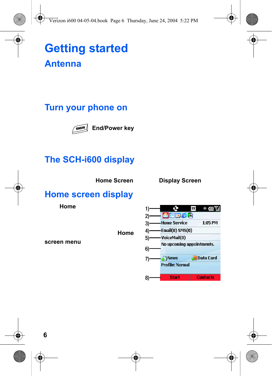 Getting started, Antenna, Turn your phone on | The sch-i600 display, Home screen display | Samsung SCH-I600MSAXAR User Manual | Page 14 / 136