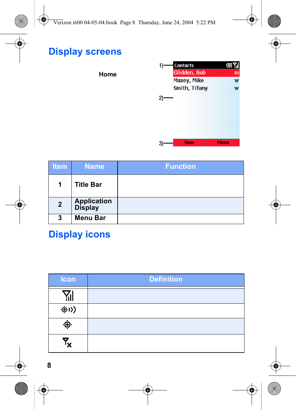 Display screens, Display icons, Display screens display icons | Samsung SCH-I600MSAXAR User Manual | Page 16 / 136