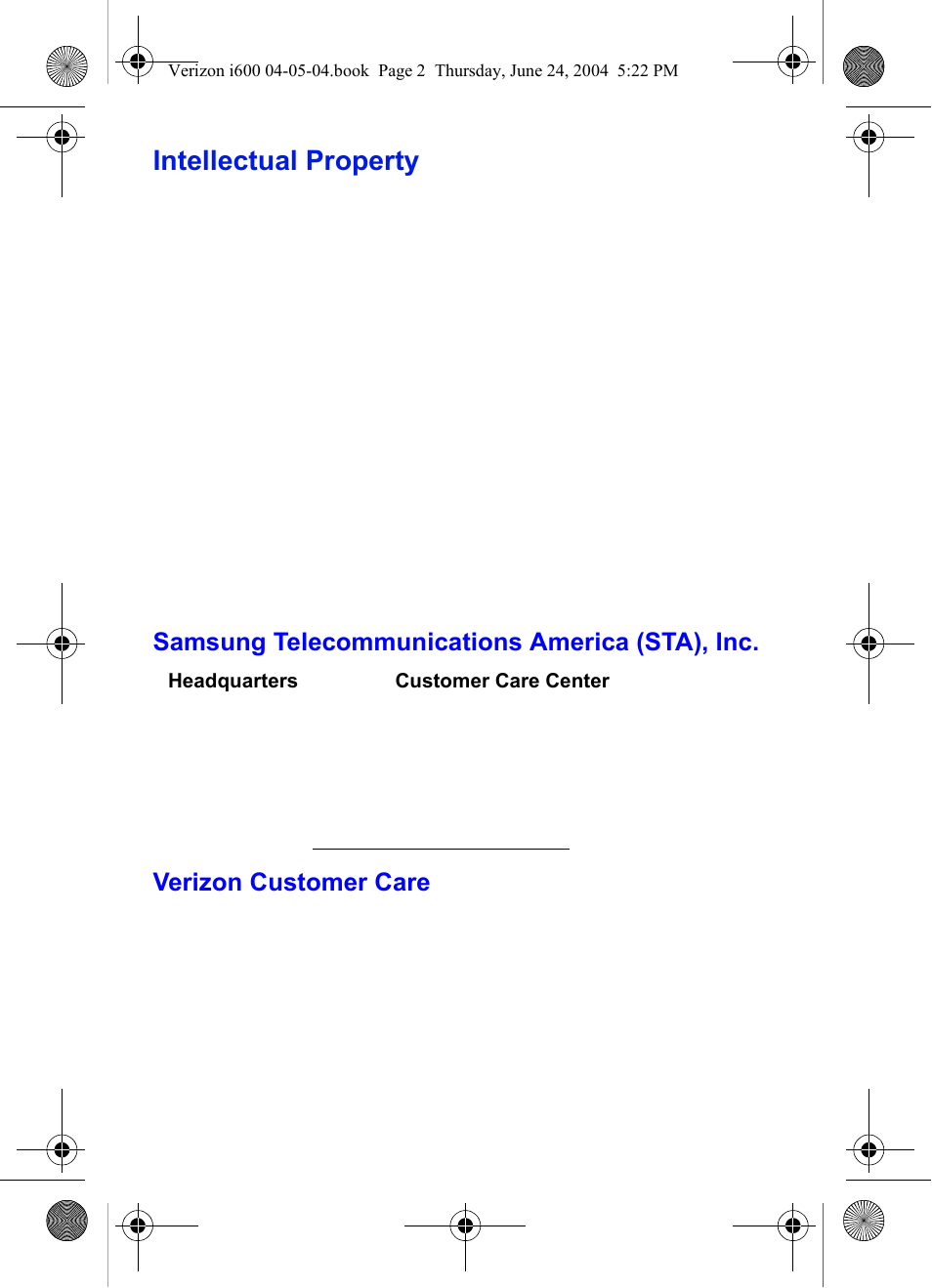 Intellectual property, Samsung telecommunications america (sta), inc, Verizon customer care | Samsung SCH-I600MSAXAR User Manual | Page 2 / 136