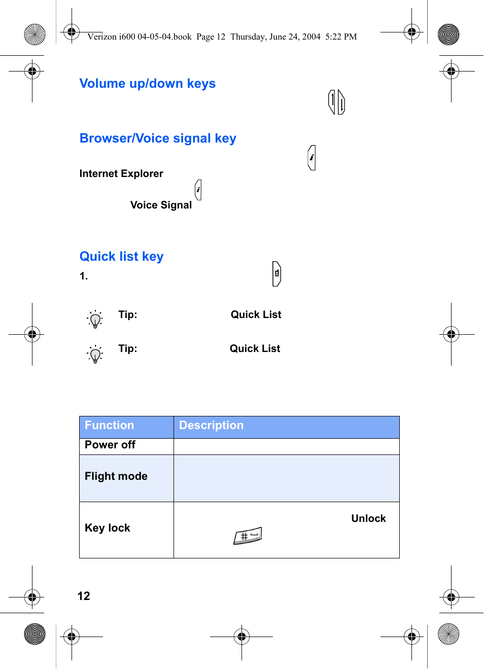 Volume up/down keys, Browser/voice signal key, Quick list key | Samsung SCH-I600MSAXAR User Manual | Page 20 / 136