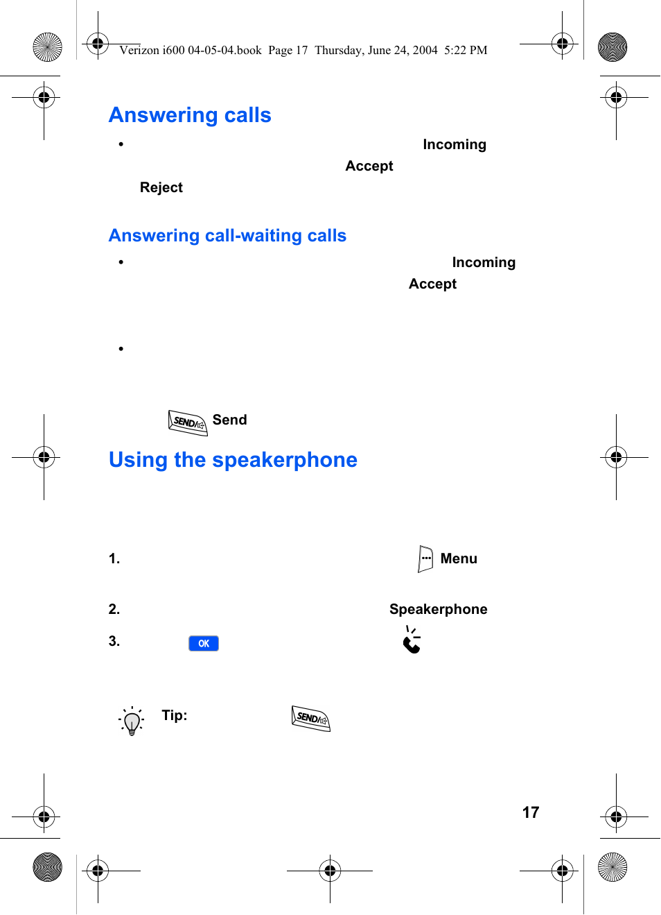 Answering calls, Using the speakerphone, Answering calls using the speakerphone | Samsung SCH-I600MSAXAR User Manual | Page 25 / 136