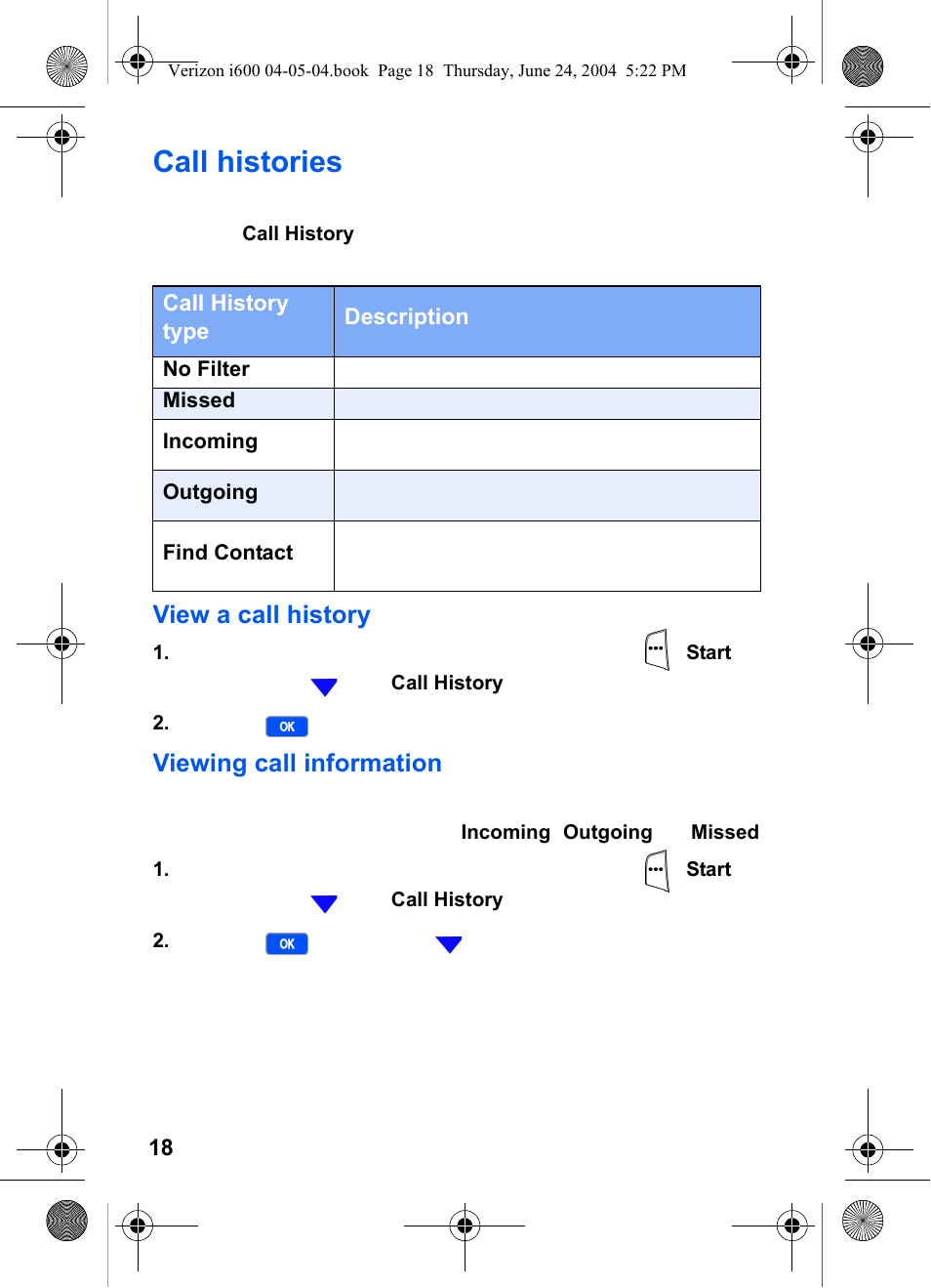 Call histories | Samsung SCH-I600MSAXAR User Manual | Page 26 / 136