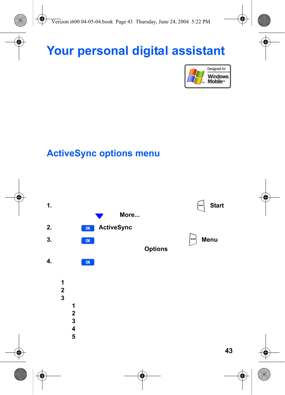 Your personal digital assistant, Activesync options menu, 1 mobile schedule | 2 pc settings, 3 server settings (with sub-menu), 1 inbox, 2 calendar, 3 contacts, 4 connection, 5 conflicts | Samsung SCH-I600MSAXAR User Manual | Page 51 / 136