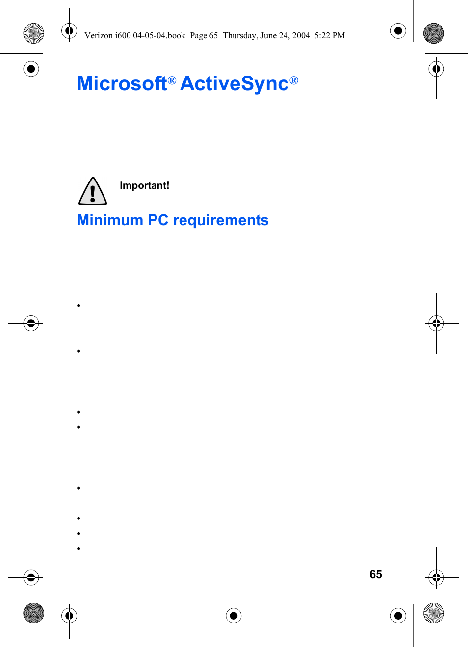 Microsoft® activesync, Minimum pc requirements, Microsoft | Activesync | Samsung SCH-I600MSAXAR User Manual | Page 73 / 136