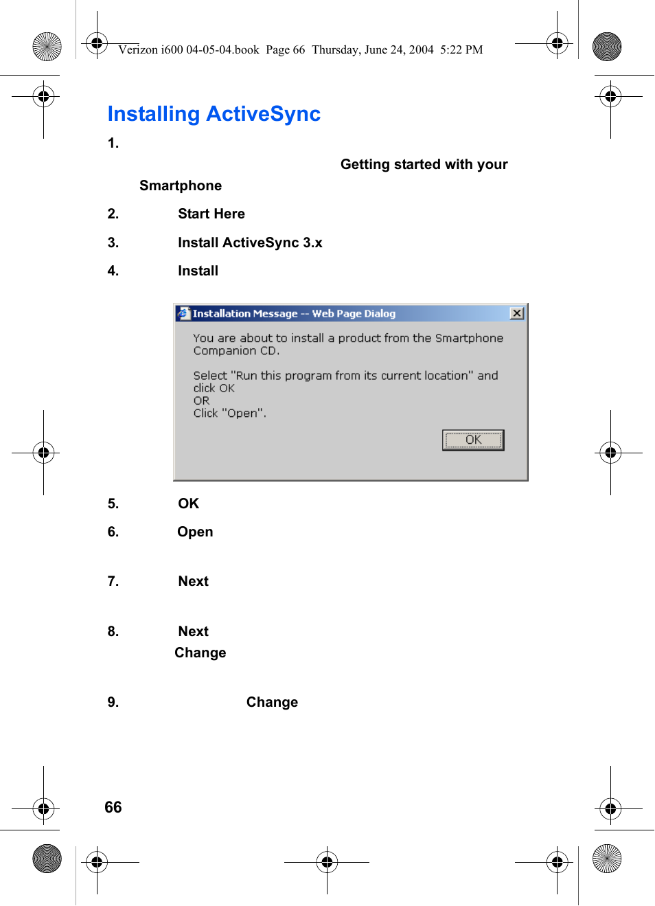Installing activesync | Samsung SCH-I600MSAXAR User Manual | Page 74 / 136