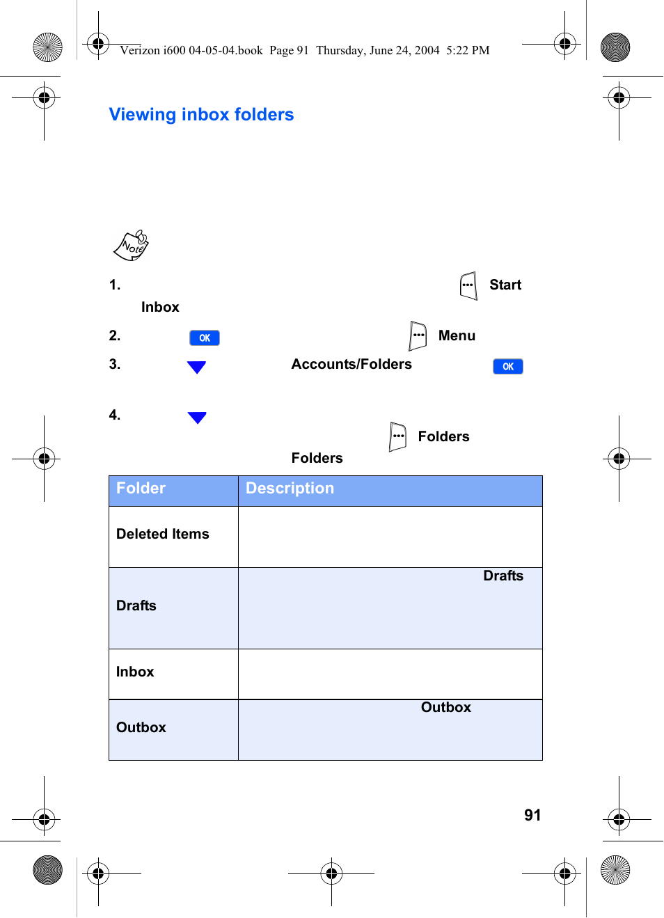Viewing inbox folders | Samsung SCH-I600MSAXAR User Manual | Page 99 / 136