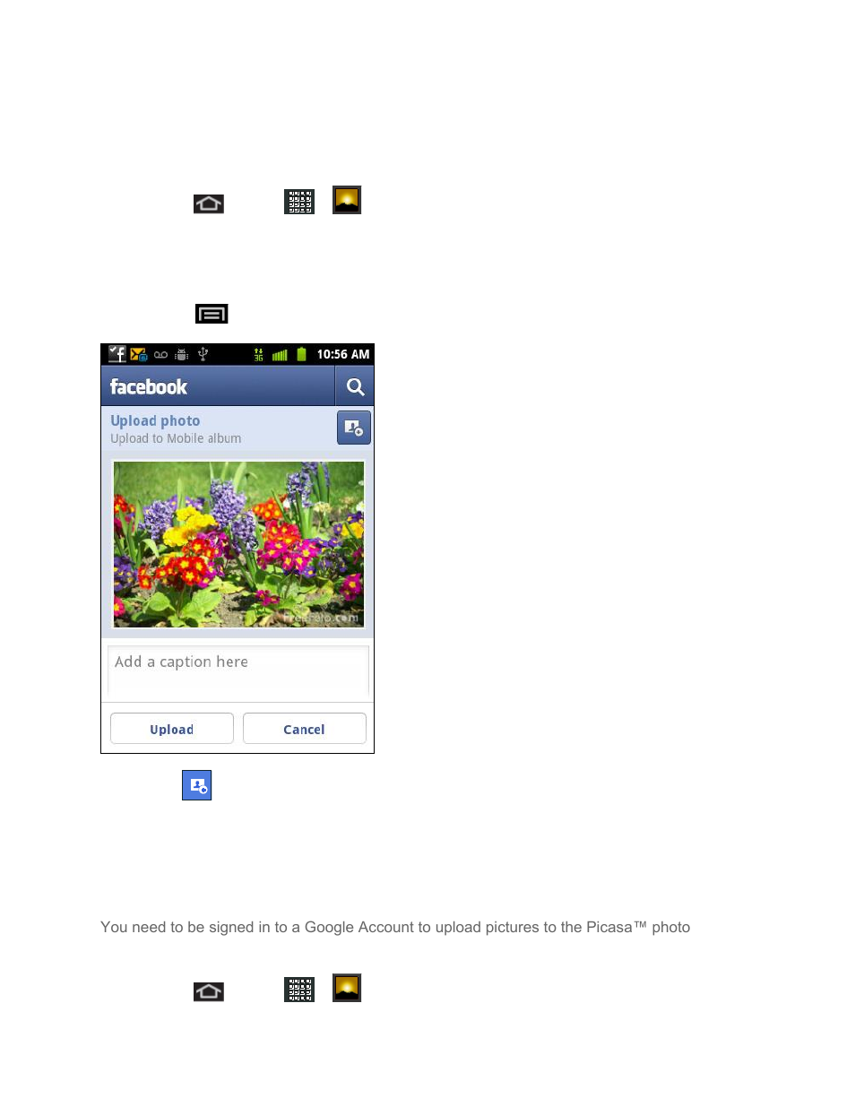 Share photos on facebook for android, Share photos on picasa | Samsung SPH-M930ZKASPR User Manual | Page 119 / 157