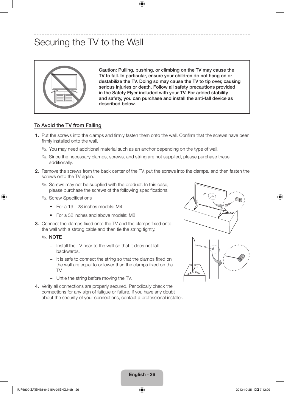 Securing the tv to the wall | Samsung UN50F6800AFXZA User Manual | Page 26 / 34