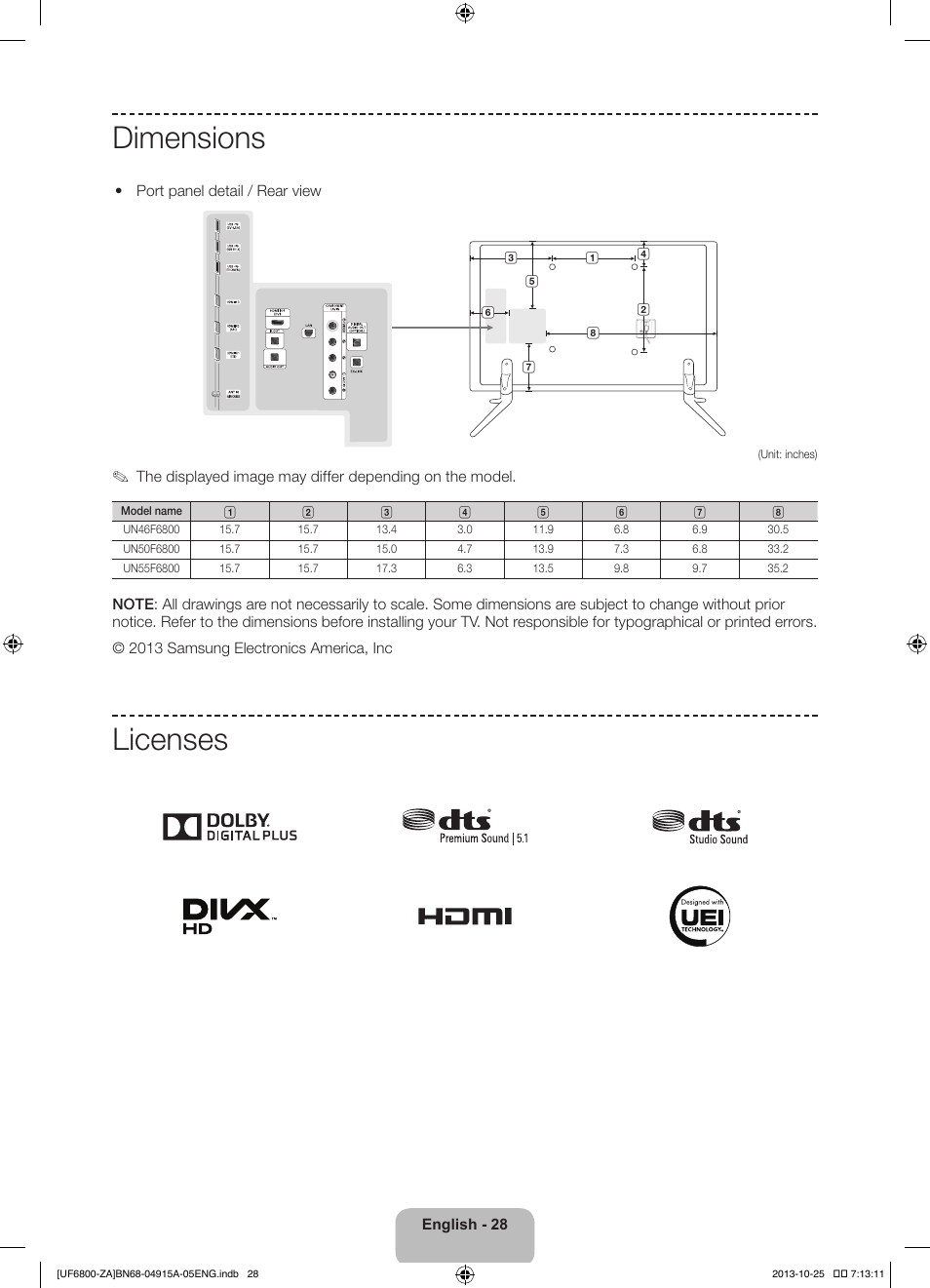 Dimensions, Licenses | Samsung UN50F6800AFXZA User Manual | Page 28 / 34