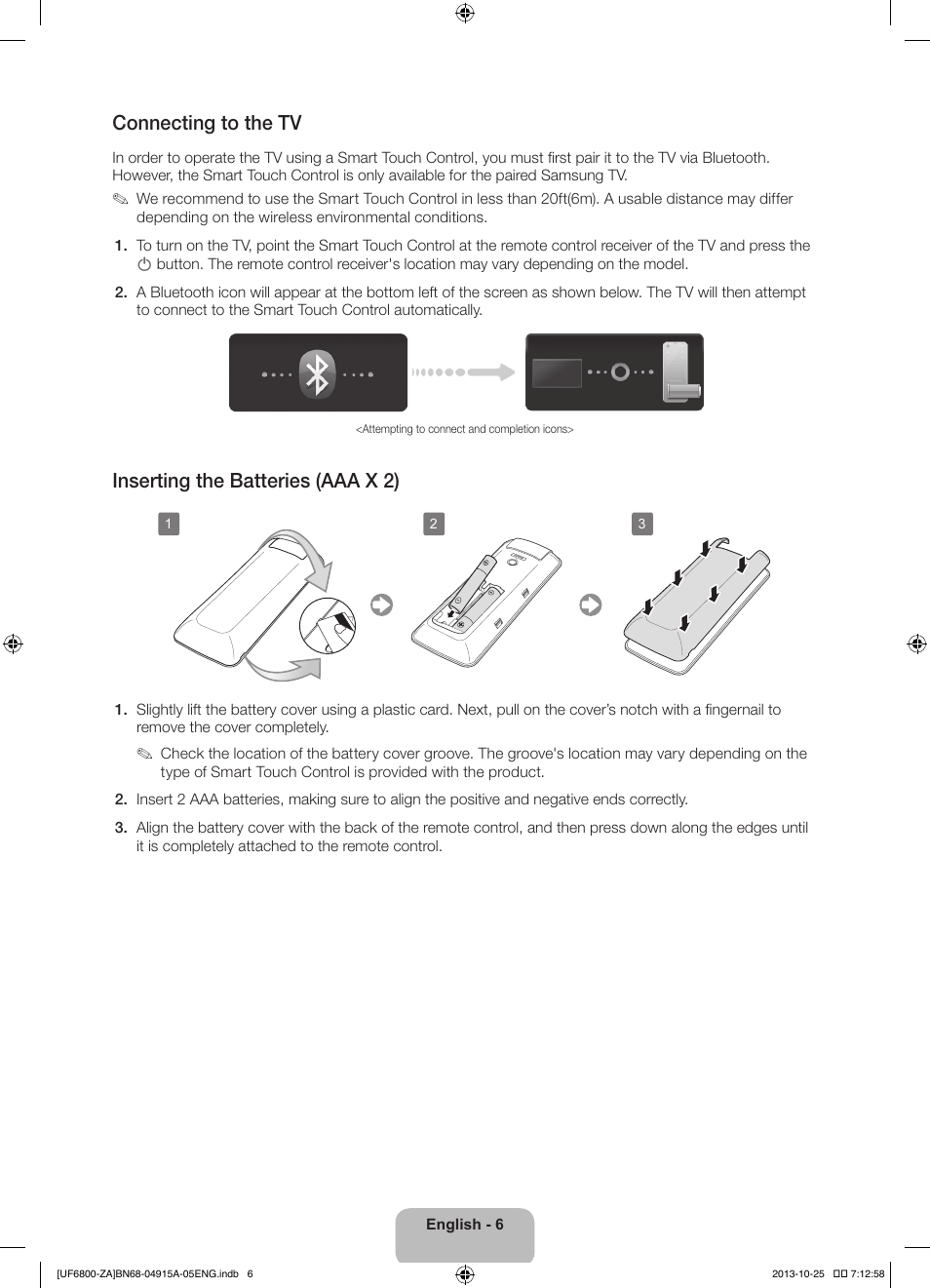 Connecting to the tv, Inserting the batteries (aaa x 2) | Samsung UN50F6800AFXZA User Manual | Page 6 / 34