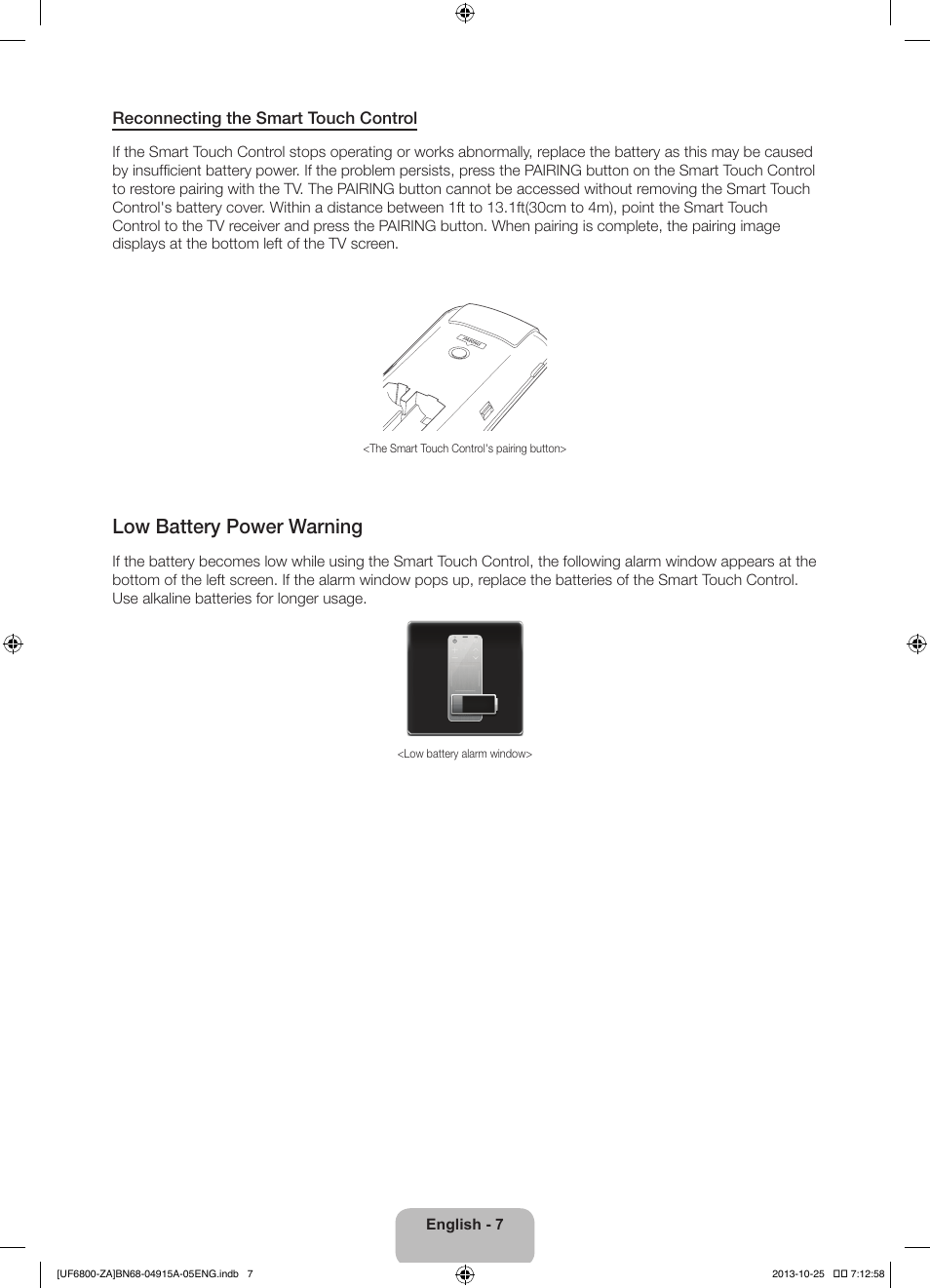 Low battery power warning | Samsung UN50F6800AFXZA User Manual | Page 7 / 34