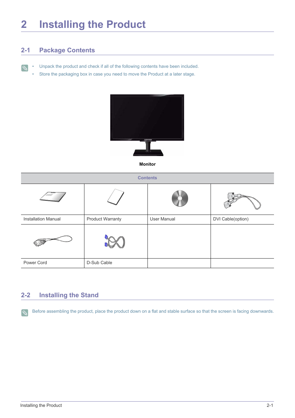 2 installing the product, 1 package contents, 2 installing the stand | Installing the product, Package contents -1 installing the stand -2, 2installing the product | Samsung LS23NVTABW-ZA User Manual | Page 13 / 44