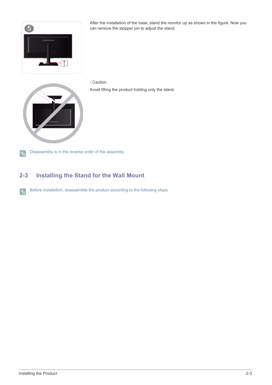 3 installing the stand for the wall mount, Installing the stand for the wall mount -3 | Samsung LS23NVTABW-ZA User Manual | Page 15 / 44