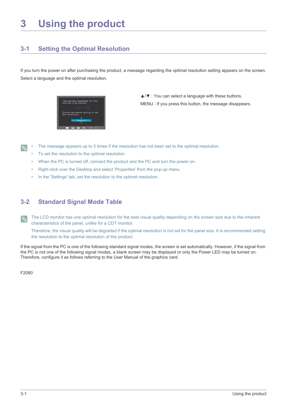 3 using the product, 1 setting the optimal resolution, 2 standard signal mode table | Using the product, 3using the product | Samsung LS23NVTABW-ZA User Manual | Page 20 / 44