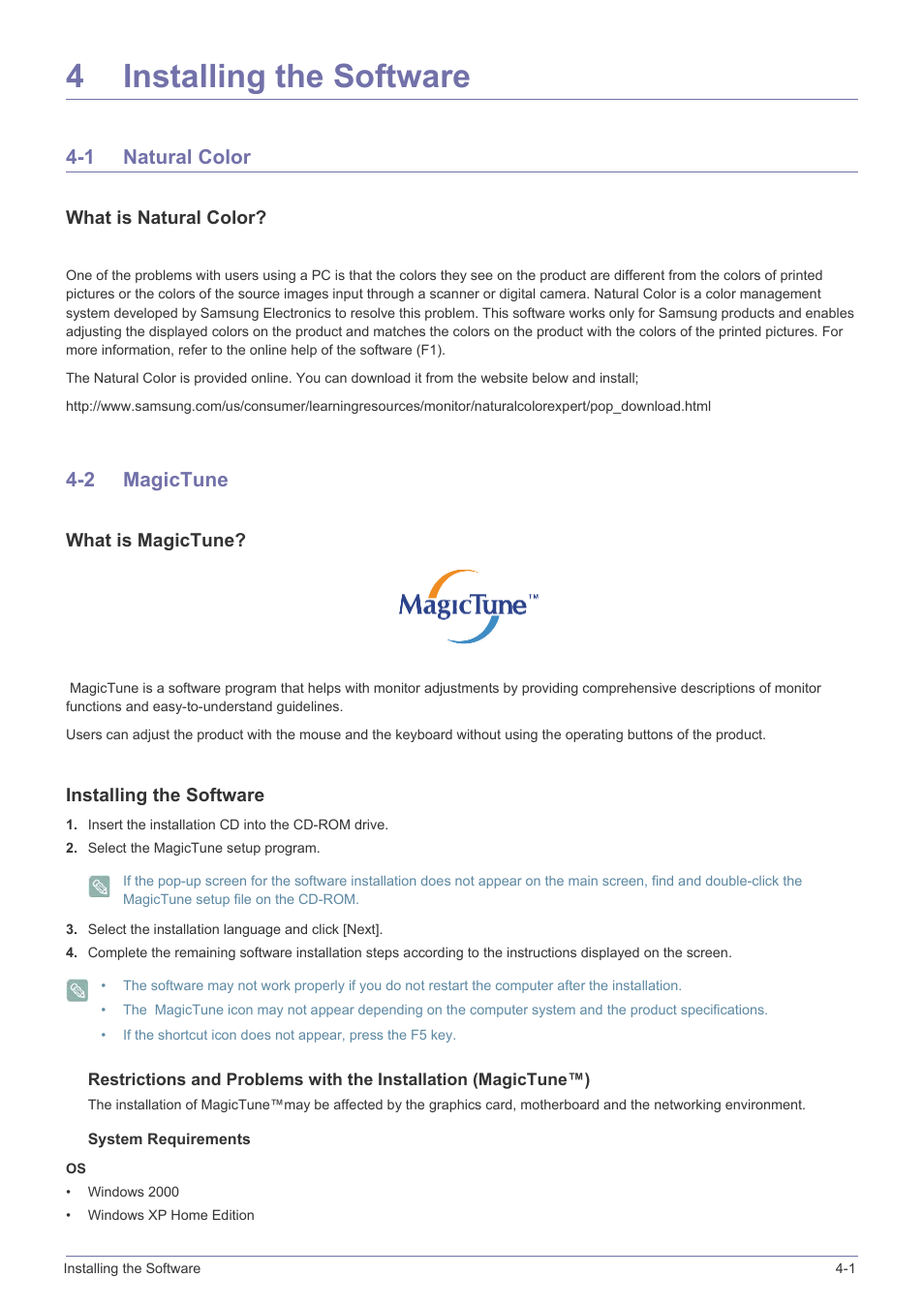 4 installing the software, 1 natural color, 2 magictune | Installing the software, Natural color -1 magictune -2, 4installing the software, What is natural color, What is magictune | Samsung LS23NVTABW-ZA User Manual | Page 31 / 44