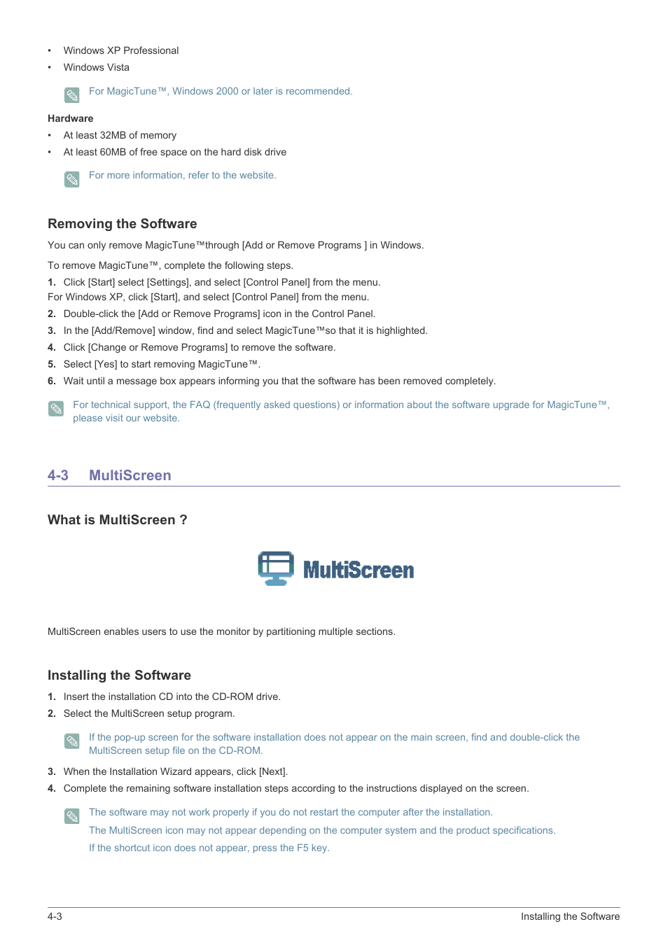 3 multiscreen, Multiscreen -3, Removing the software | What is multiscreen, Installing the software | Samsung LS23NVTABW-ZA User Manual | Page 32 / 44
