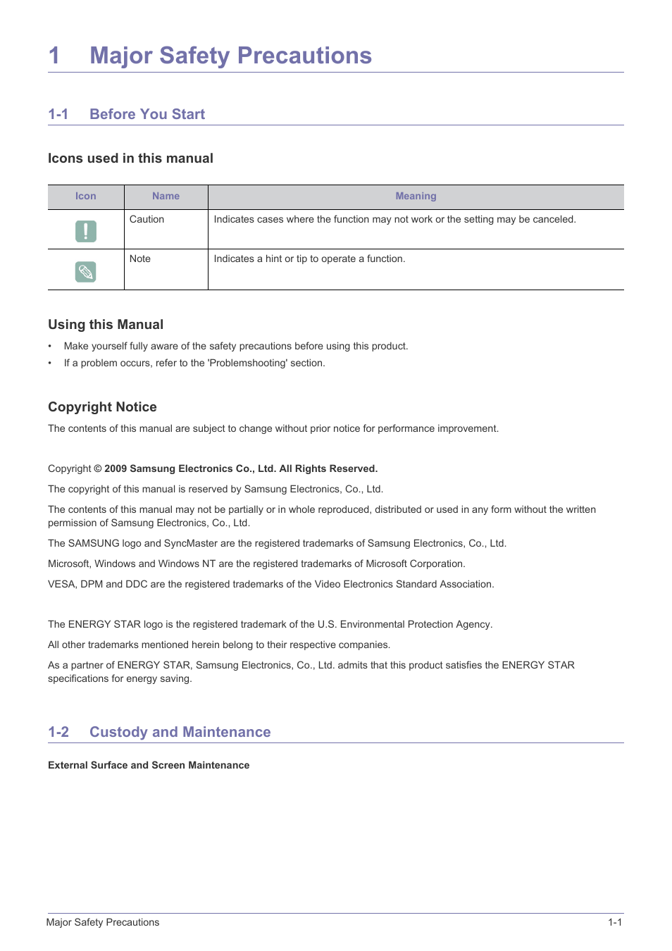 1 major safety precautions, 1 before you start, 2 custody and maintenance | Before you start -1 custody and maintenance -2, 1major safety precautions | Samsung LS23NVTABW-ZA User Manual | Page 5 / 44