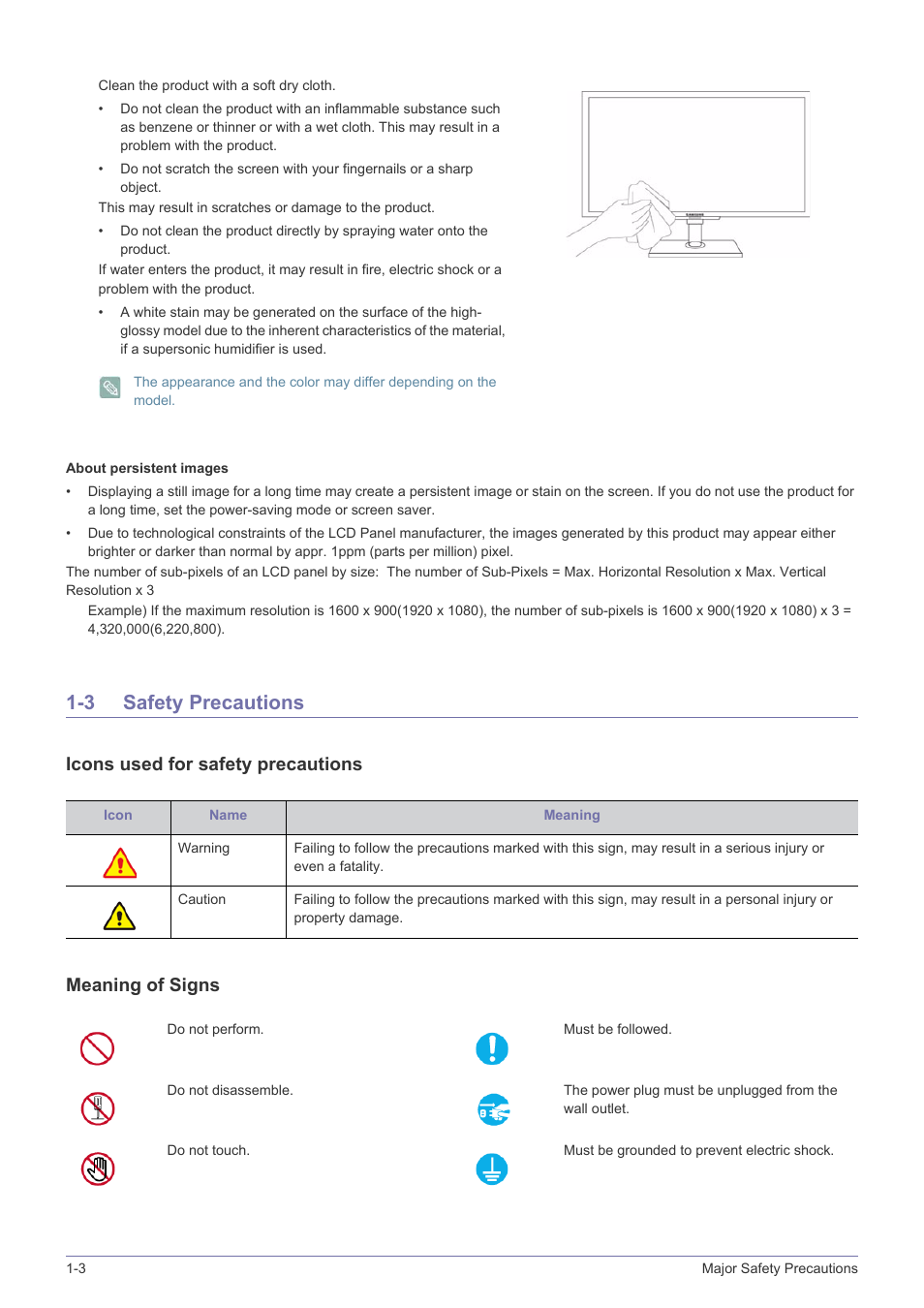 3 safety precautions, Safety precautions -3, Icons used for safety precautions meaning of signs | Samsung LS23NVTABW-ZA User Manual | Page 6 / 44
