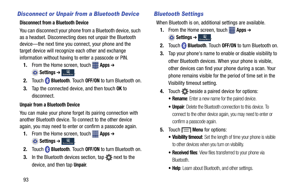 Disconnect or unpair from a bluetooth device, Bluetooth settings | Samsung SCH-R890ZKAUSC User Manual | Page 100 / 159
