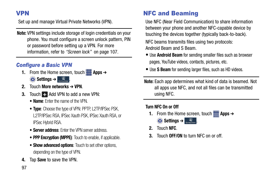 Configure a basic vpn, Nfc and beaming, Vpn nfc and beaming | Samsung SCH-R890ZKAUSC User Manual | Page 104 / 159