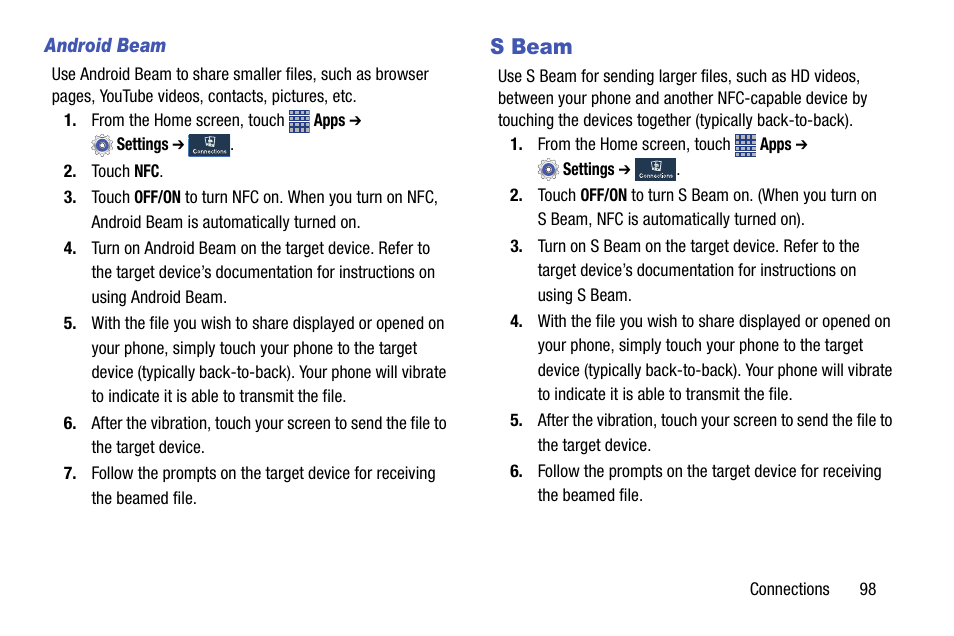 Android beam, S beam | Samsung SCH-R890ZKAUSC User Manual | Page 105 / 159