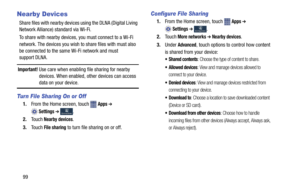 Nearby devices, Turn file sharing on or off, Configure file sharing | Samsung SCH-R890ZKAUSC User Manual | Page 106 / 159