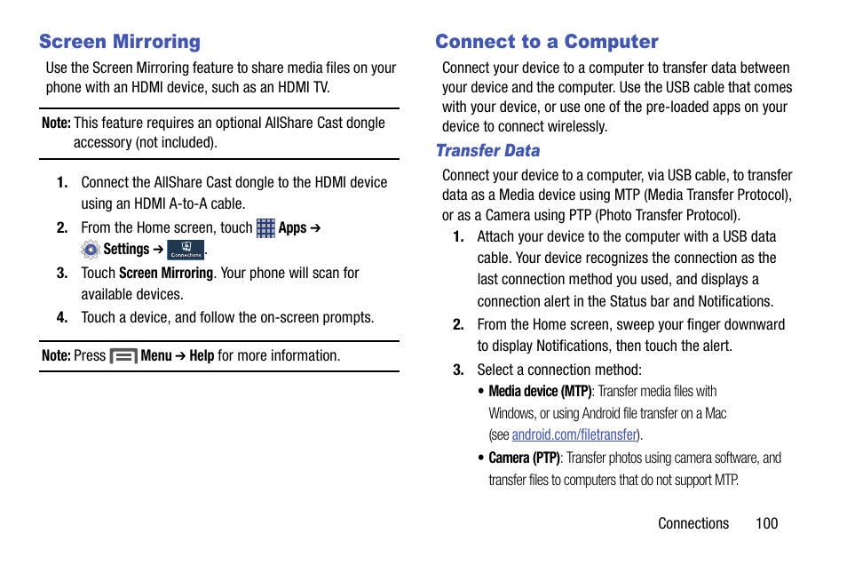 Screen mirroring, Connect to a computer, Transfer data | Screen mirroring connect to a computer | Samsung SCH-R890ZKAUSC User Manual | Page 107 / 159