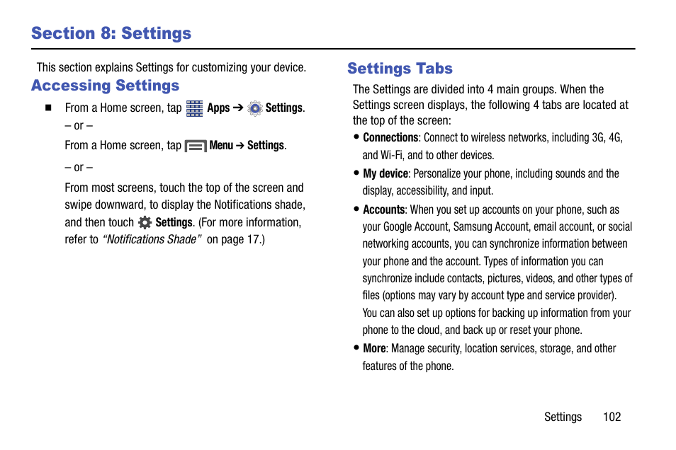 Section 8: settings, Accessing settings, Settings tabs | Accessing settings settings tabs | Samsung SCH-R890ZKAUSC User Manual | Page 109 / 159
